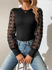 SHEIN Tall 拼接波點網紗燈籠袖連體衣 - 黑色 - 查看 3