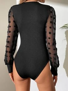 SHEIN Tall 拼接波點網紗燈籠袖連體衣 - 黑色 - 查看 2
