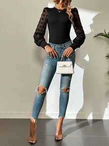 SHEIN Tall 拼接波點網紗燈籠袖連體衣 - 黑色 - 查看 4