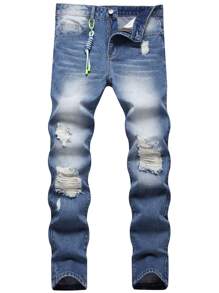 Homens Ganga rasgado zíper mosca - Lavagem Média - Ver 1