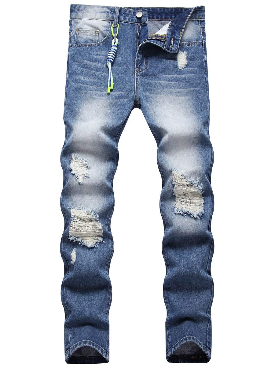 Homens Ganga rasgado zíper mosca - Lavagem Média - Ver 1