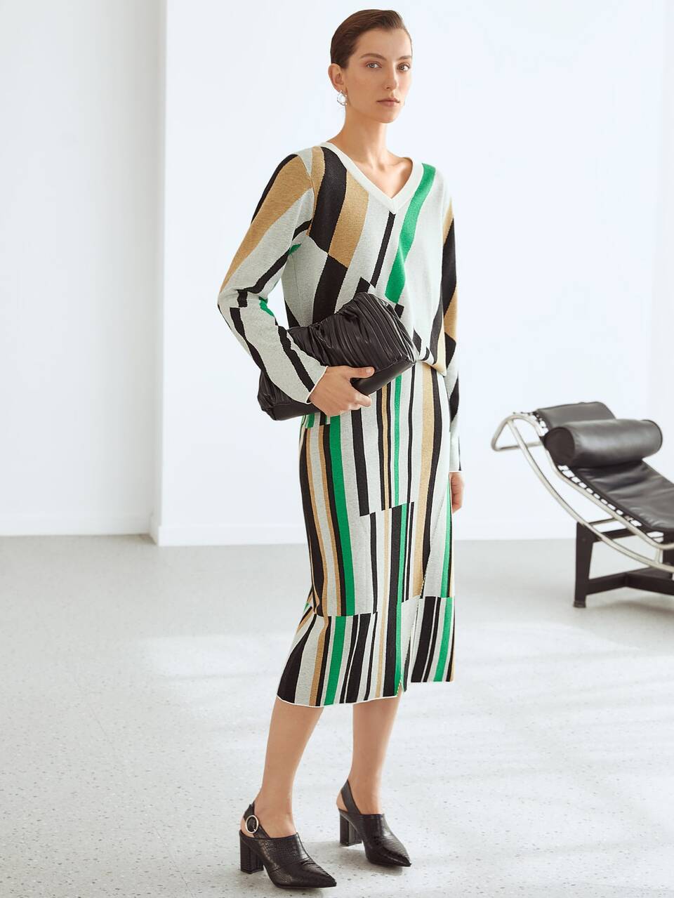 MOTF STRIPED KNIT MIDI SKIRT