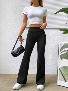 SHEIN EZwear 高腰喇叭褲 - 黑色 - 查看 6