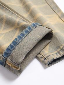 男士骷髅贴花破洞磨边修身直筒牛仔裤 - 中等水洗藍 - 查看 4