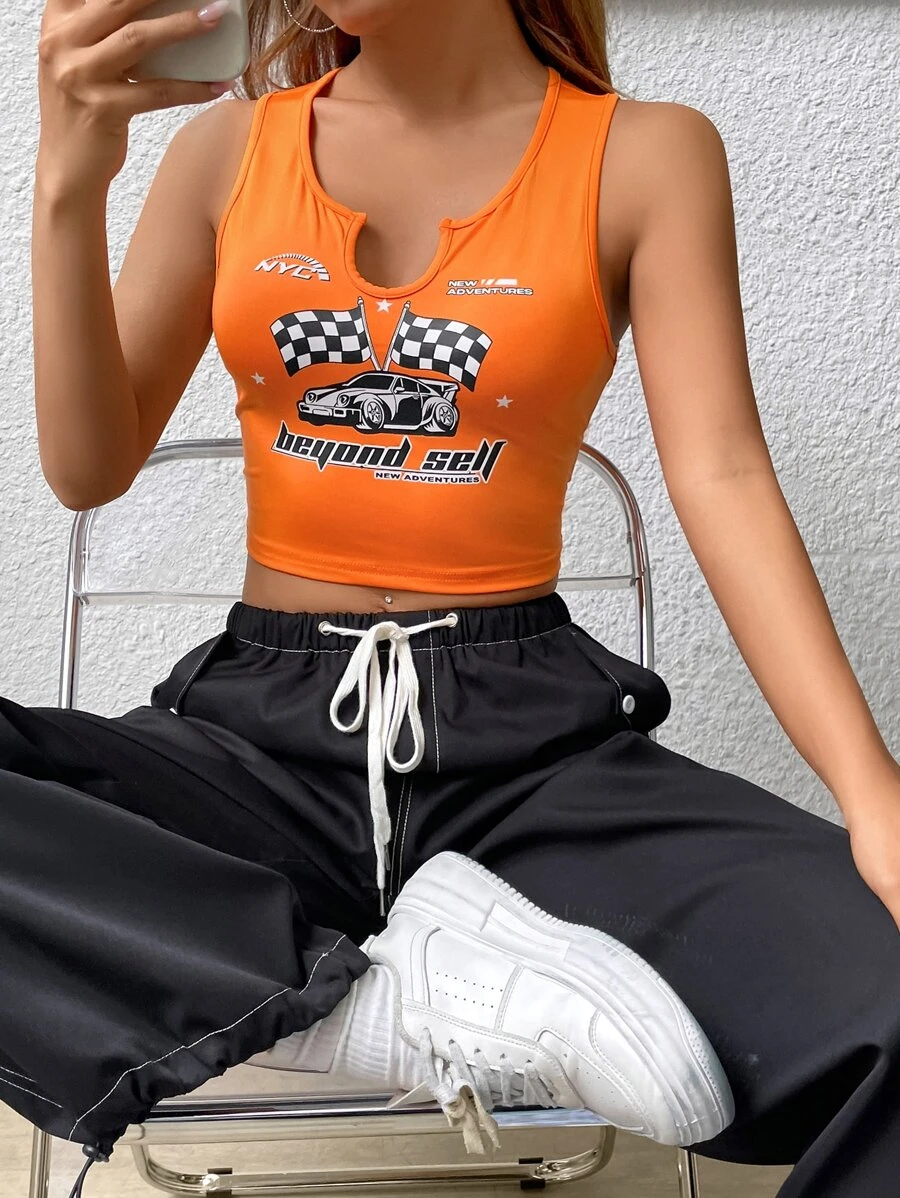 SHEIN EZwear Bikercore Crop Tank Top Đồ họa ô tô và chữ cái - trái cam - Xem 1