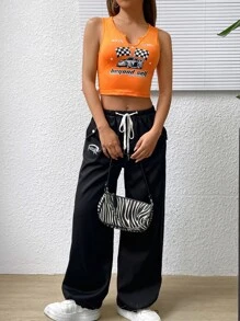 SHEIN EZwear Bikercore Crop Tank Top Đồ họa ô tô và chữ cái - trái cam - Xem 5