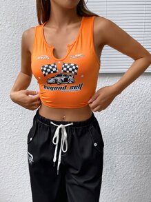 SHEIN EZwear Bikercore Crop Tank Top Đồ họa ô tô và chữ cái - trái cam - Xem 6