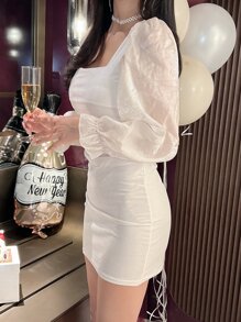 DAZY Vestido de Body ceñido con volantes y fruncido para fiesta/graduación - Blanco - Ver 2