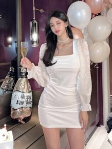 DAZY Vestido de Body ceñido con volantes y fruncido para fiesta/graduación - Blanco - Ver 3