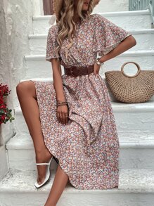 Breezaya All Over Floral Print Butterfly Sleeve Dress Without Belt - Multicolor - View 1