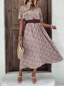 Breezaya All Over Floral Print Butterfly Sleeve Dress Without Belt - Multicolor - View 4