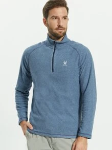 Men Zip Half Placket Letter Embroidery Flannel Top - Dusty Blue - View 1