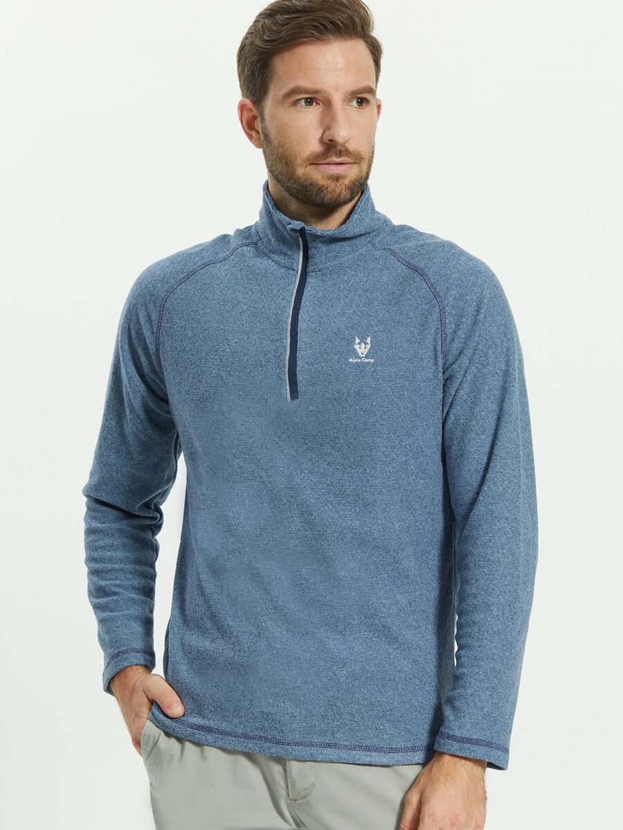 Men Zip Half Placket Letter Embroidery Flannel Top - Dusty Blue - View 1