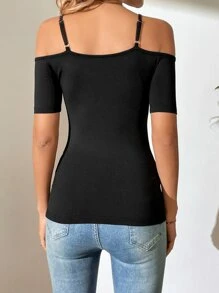 SHEIN Tall Cold Shoulder Solid Tee - Black - View 2