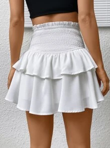 SHEIN Qutie Falda de talle alto ribete con fruncido - Blanco - Ver 3