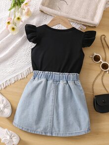 少女字母印花休閒簡約時尚夏季小圓領荷葉袖兩件套 - 彩色 - 查看 2