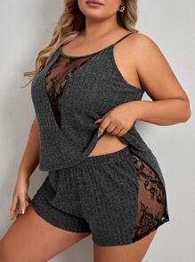 Plus Contrast Lace Cami PJ Set / Pajama Set - Dark Grey - View 1