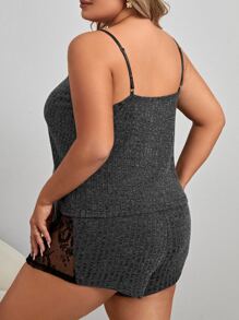 Plus Contrast Lace Cami PJ Set / Pajama Set - Dark Grey - View 2