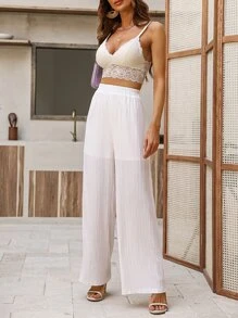 SHEIN LUNE Solid Wide Leg Trousers - White - View 1