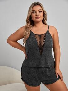 Plus Contrast Lace Cami PJ Set / Pajama Set - Dark Grey - View 4