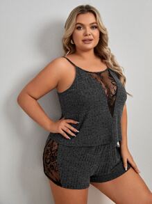 Plus Contrast Lace Cami PJ Set / Pajama Set - Dark Grey - View 5