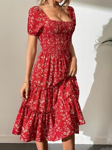 SHEIN Tall 小碎花抽褶細節方領泡泡袖連衣裙 - 紅色 - 查看 3