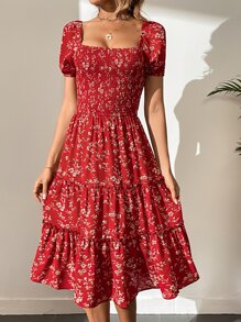 SHEIN Tall 小碎花抽褶細節方領泡泡袖連衣裙 - 紅色 - 查看 1