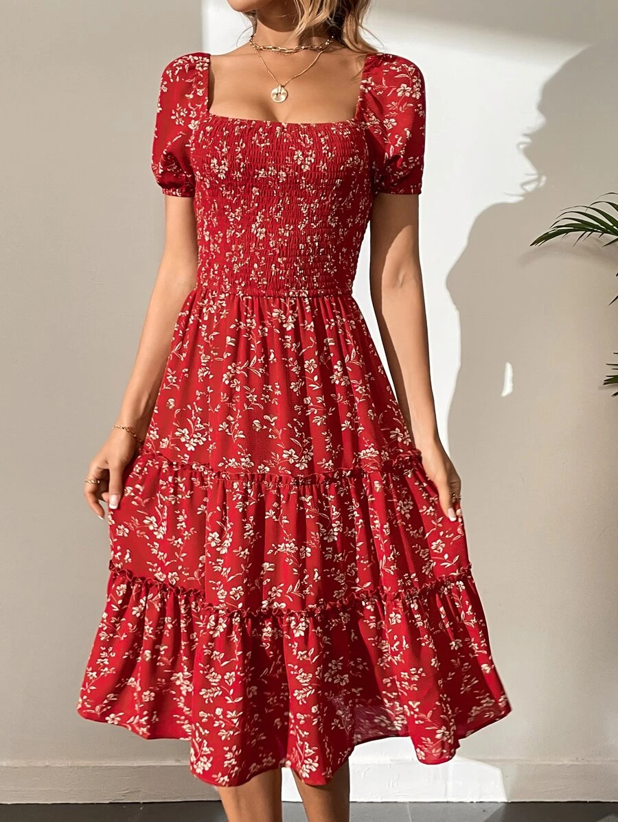 SHEIN Tall 小碎花抽褶細節方領泡泡袖連衣裙 - 紅色 - 查看 1