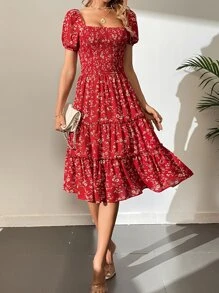 SHEIN Tall 小碎花抽褶細節方領泡泡袖連衣裙 - 紅色 - 查看 4