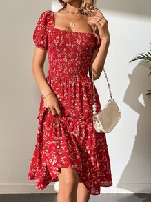 SHEIN Tall 小碎花抽褶細節方領泡泡袖連衣裙 - 紅色 - 查看 5