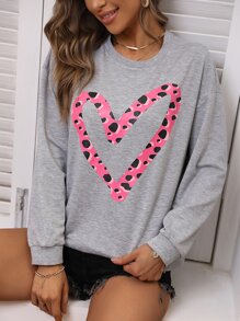 SHEIN LUNE Heart Print Drop Shoulder Sweatshirt - Grey - View 1