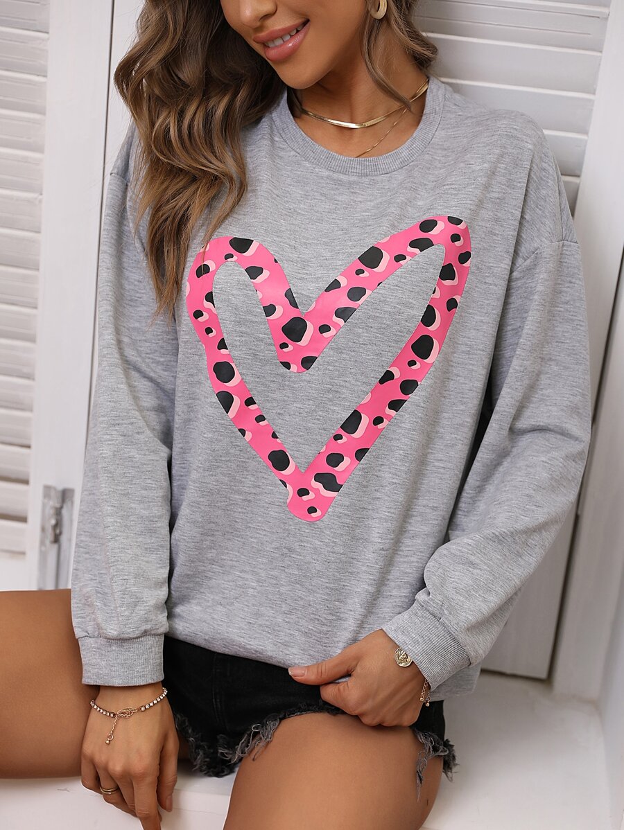SHEIN LUNE Heart Print Drop Shoulder Sweatshirt - Grey - View 1