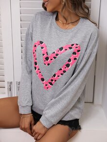 SHEIN LUNE Heart Print Drop Shoulder Sweatshirt - Grey - View 3