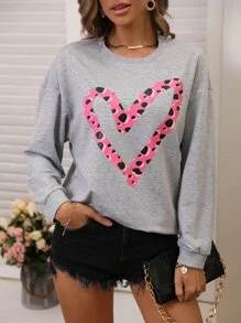 SHEIN LUNE Heart Print Drop Shoulder Sweatshirt - Grey - View 4