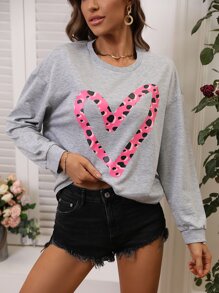 SHEIN LUNE Heart Print Drop Shoulder Sweatshirt - Grey - View 5