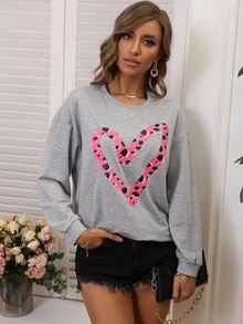 SHEIN LUNE Heart Print Drop Shoulder Sweatshirt - Grey - View 6