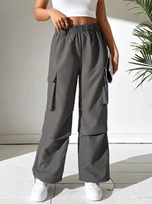 SHEIN PETITE 抽绳翻盖口袋侧边工装裤 - 深灰色 - 查看 5