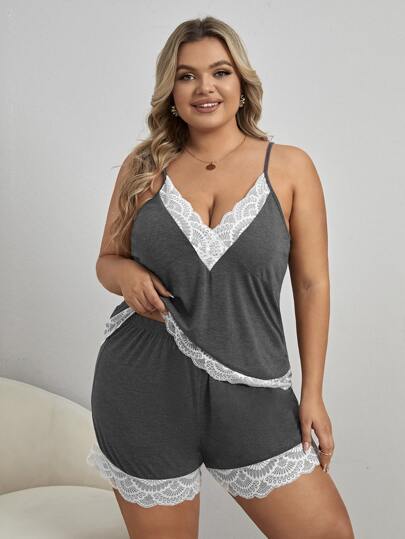 Plus Contrast Lace Cami Pajama Set
