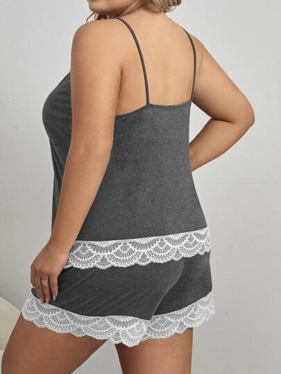 Plus Contrast Lace Cami Pajama Set