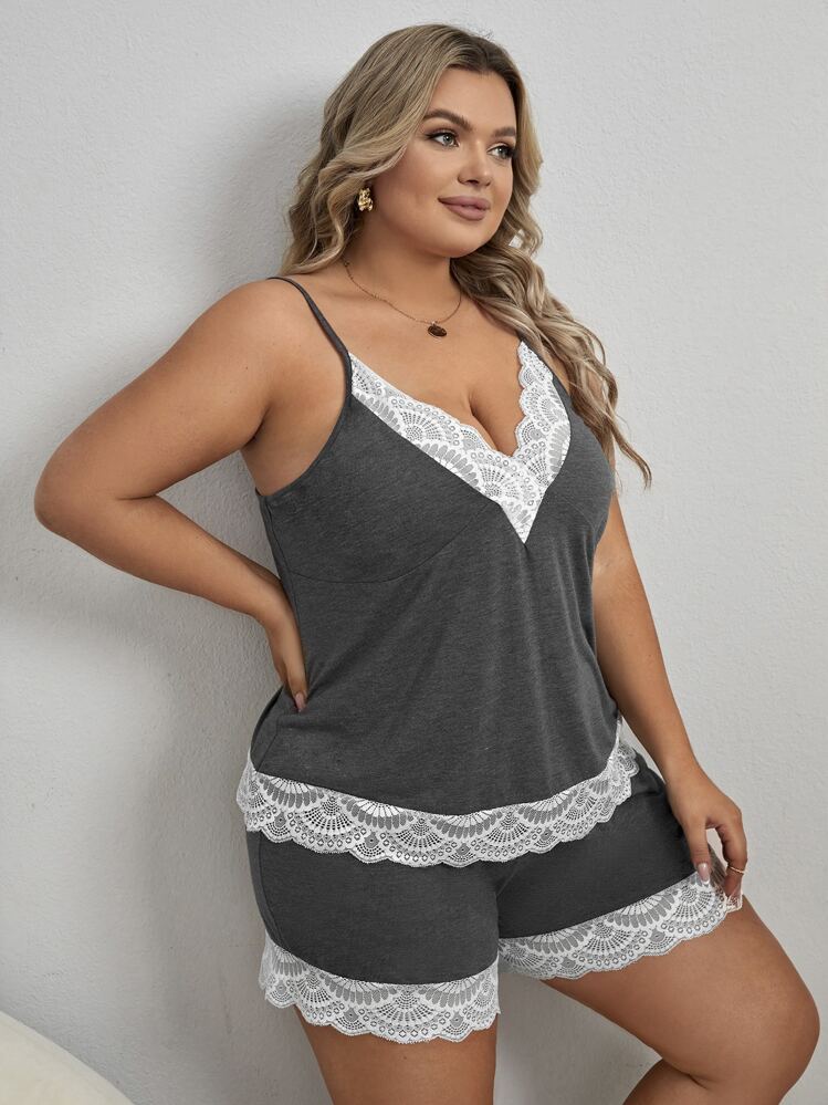 Plus Contrast Lace Cami Pajama Set - Grey - View 3