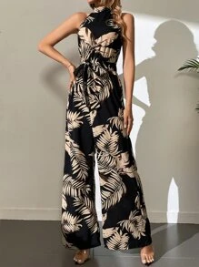 SHEIN Tall Tropical Print Belted Wide Leg Jumpsuit - Black - View 1
