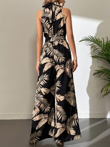 SHEIN Tall Tropical Print Belted Wide Leg Jumpsuit - Black - View 2