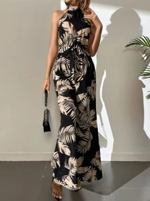 SHEIN Tall Tropical Print Belted Wide Leg Jumpsuit - Black - View 3