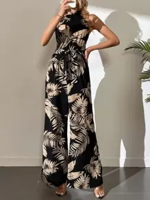 SHEIN Tall Tropical Print Belted Wide Leg Jumpsuit - Black - View 4