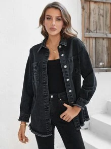 Patched Pocket Drop Shoulder Denim Shirt - Dark Grey - View 1