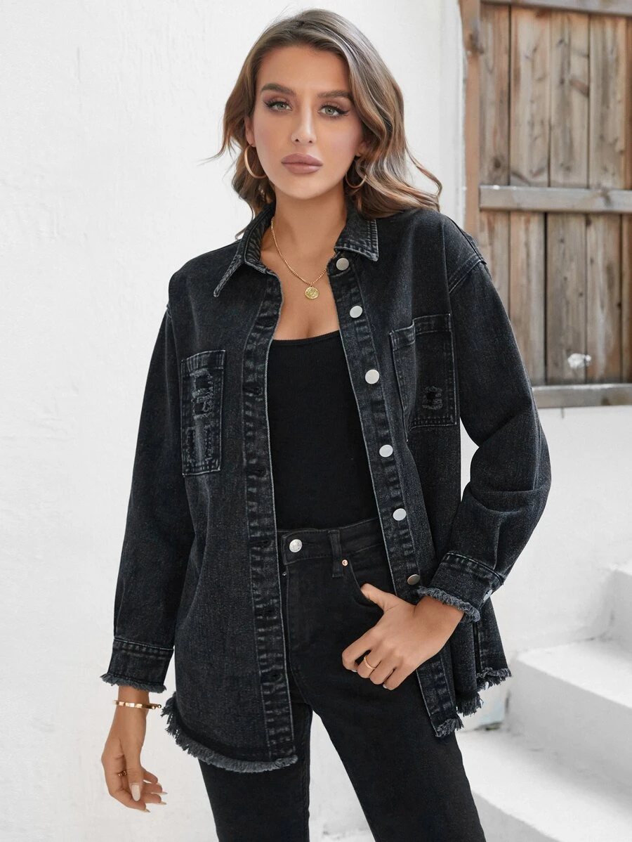 Patched Pocket Drop Shoulder Denim Shirt - Dark Grey - View 1