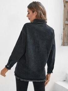 Patched Pocket Drop Shoulder Denim Shirt - Dark Grey - View 2