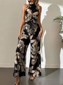 SHEIN Tall Tropical Print Belted Wide Leg Jumpsuit - Black - View 5