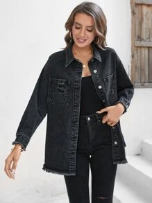 Patched Pocket Drop Shoulder Denim Shirt - Dark Grey - View 3
