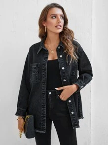 Patched Pocket Drop Shoulder Denim Shirt - Dark Grey - View 5